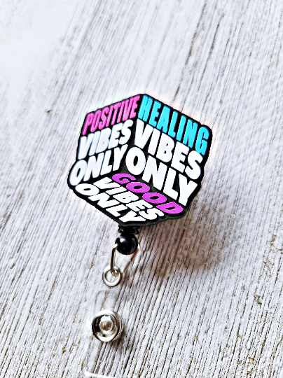 Good Vibes Positive Vibes Retractable ID Badge Reel