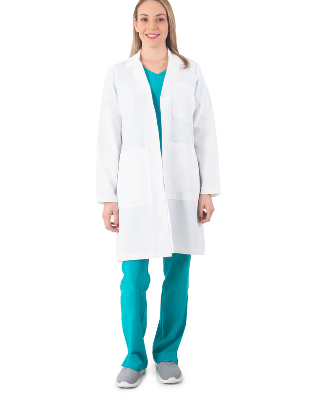The  Professional Lab Coat is a good choice for your work. These are made from polyester and cotton, which should be comfortable enough for most people. 

Features:
Pleated back with sewn-down belt
4 button front closure
Hand-access slits
2 Patch pockets, a single chest pocket with a pen slot
1 inside pocket
Soil release Technology

Fabric Content:
Polyester / Cotton