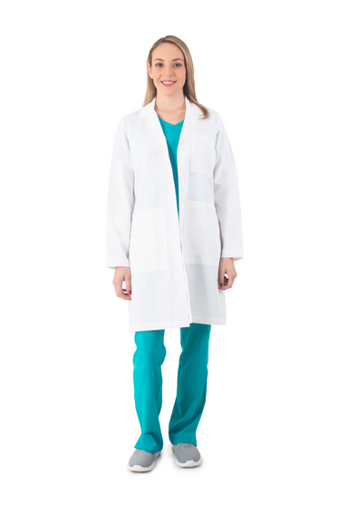The  Professional Lab Coat is a good choice for your work. These are made from polyester and cotton, which should be comfortable enough for most people. 

Features:
Pleated back with sewn-down belt
4 button front closure
Hand-access slits
2 Patch pockets, a single chest pocket with a pen slot
1 inside pocket
Soil release Technology

Fabric Content:
Polyester / Cotton