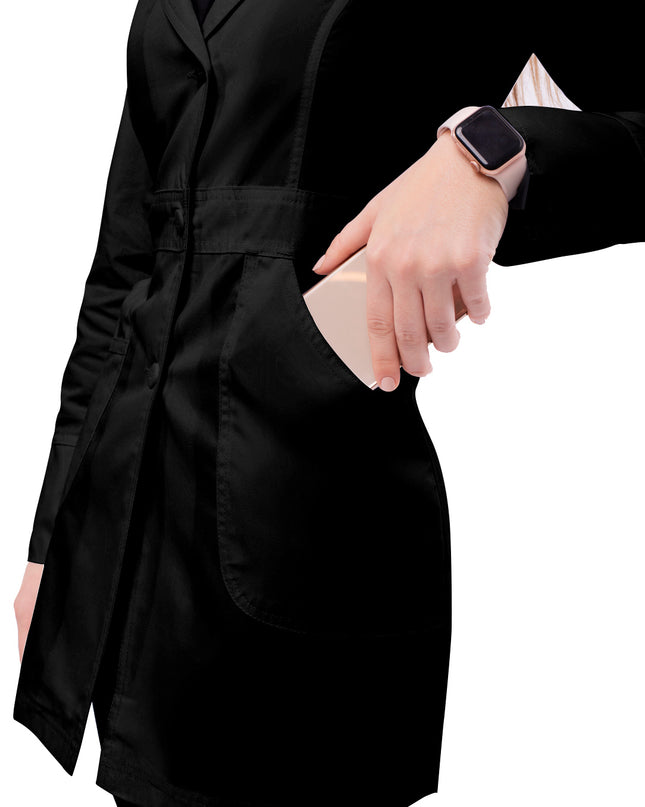 Adar Women's Black Flawless Front Large Pockets Lab Coat with buttoned Large Side pocket View Beyond Medwear Apparel