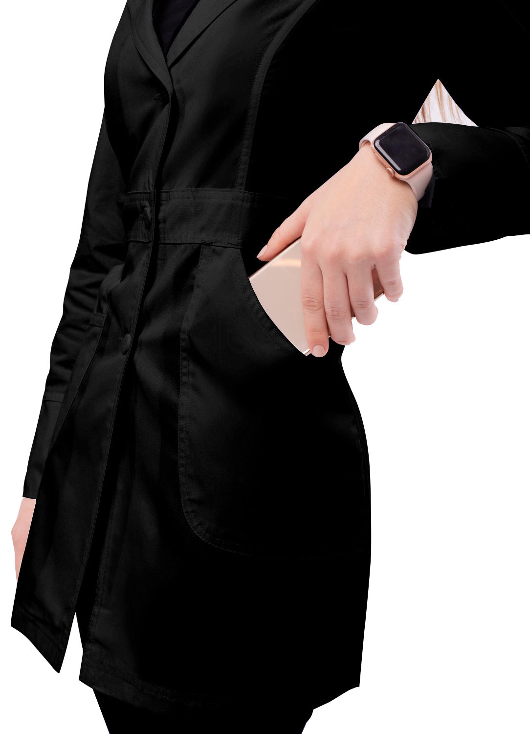 Adar Women's Black Flawless Front Large Pockets Lab Coat with buttoned Large Side pocket View Beyond Medwear Apparel