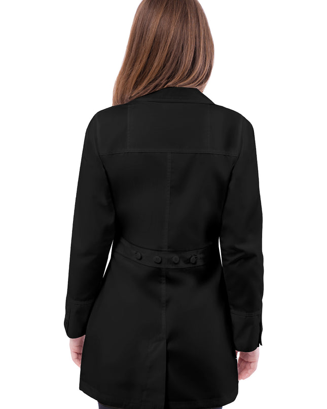 Adar Women's Black Flawless Front Large Pockets Lab Coat with buttoned Back midriff View Beyond Medwear Apparel