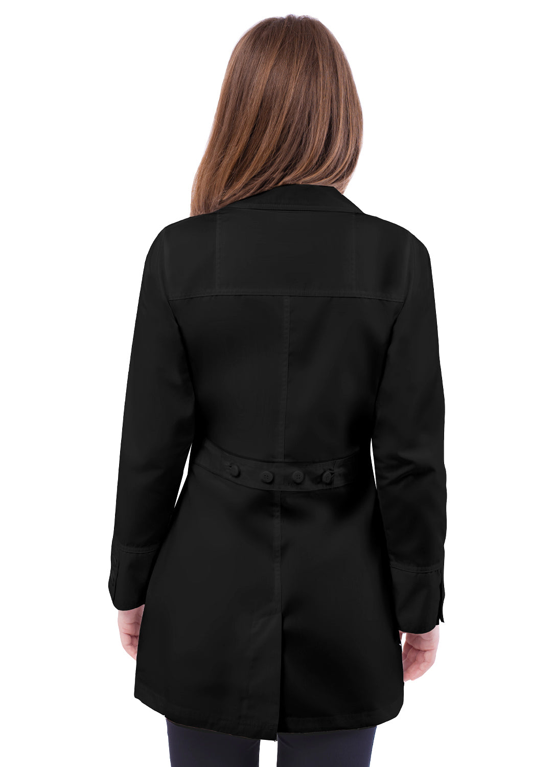Adar Women's Black Flawless Front Large Pockets Lab Coat with buttoned Back midriff View Beyond Medwear Apparel