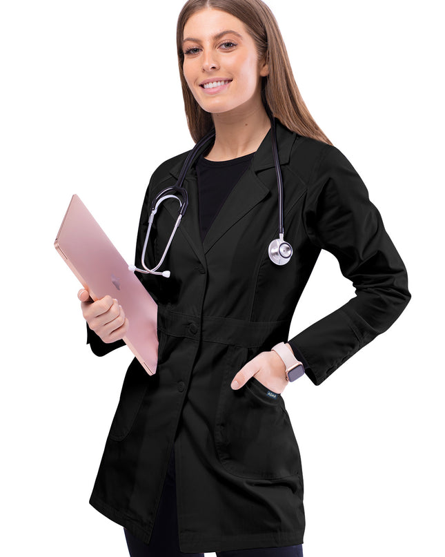 Adar Women's Black Flawless Front Large Pockets Midriff Lab Coat Front View Beyond Medwear Apparel