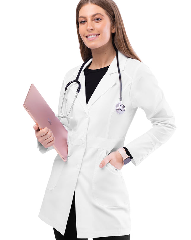 Adar Women's White Flawless Front Large Pockets back Midriff Lab Coat Front View Beyond Medwear Apparel