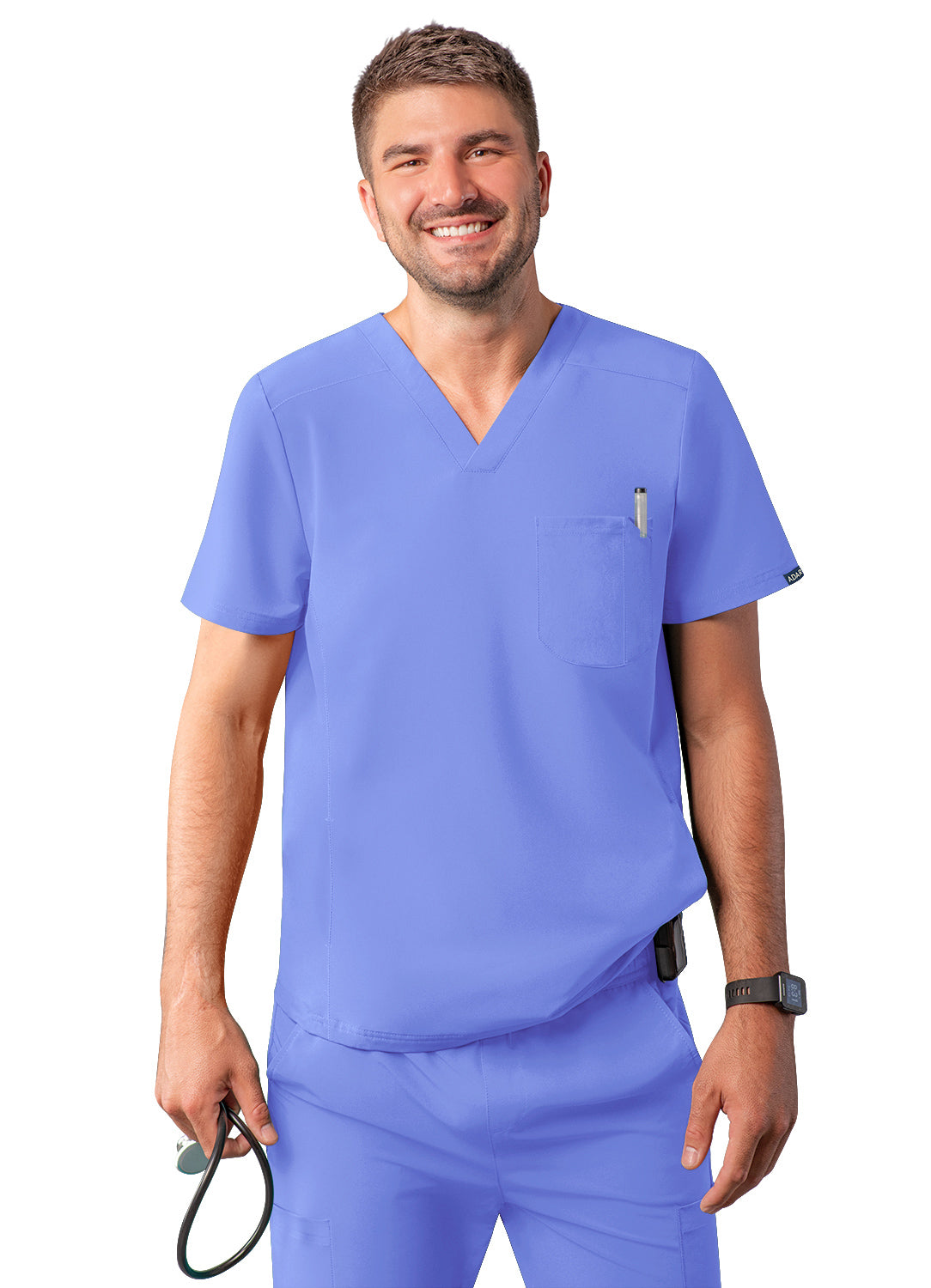 ADAR Addition Men's Ceil Blue Modern V- Neck Scrub Top