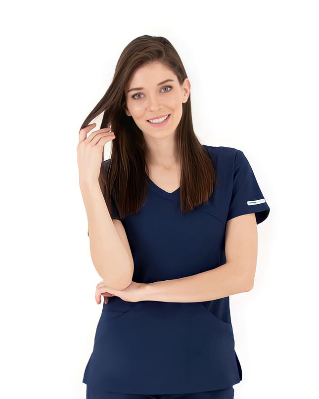 Life Threads brand Navy blue mock wrap scrub top with 2 front pockets Beyond Medwear Apparel