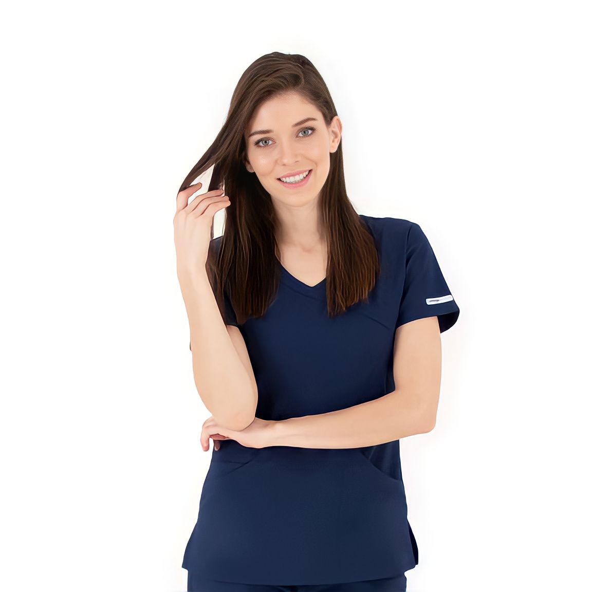 Life Threads brand Navy blue mock wrap scrub top with 2 front pockets Beyond Medwear Apparel