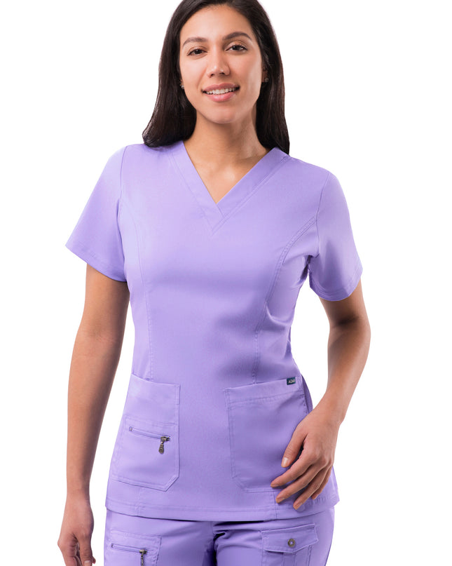 Adar Women's Lavender double-stitched V-neck Scrub Top with 3 Front Pockets(1 zippered) flattering fit Beyond Medwear Apparel
