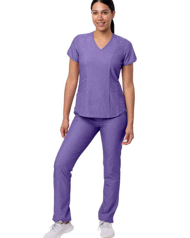 ADAR Pro Heather Grape color Women's Yoga Scrub Set.  Top has 4 pockets with V-neck line and fitted yoga pants Sonay Uniforms