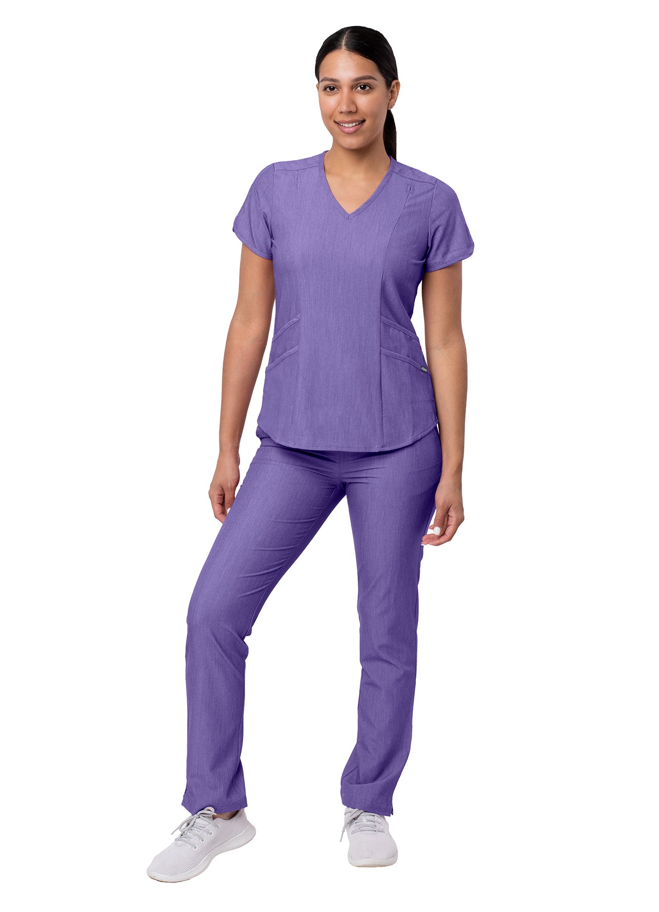 ADAR Pro Heather Grape color Women's Yoga Scrub Set.  Top has 4 pockets with V-neck line and fitted yoga pants Beyond Medwear Apparel