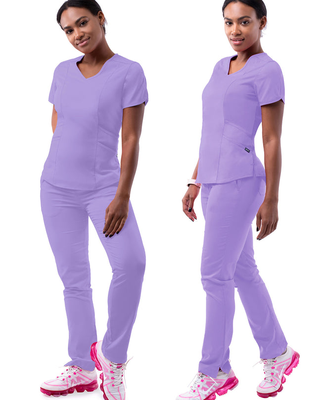 ADAR Pro Lavender color Women's Yoga Scrub Set.  Top has 4 pockets with V-neck line and fitted yoga pants Sonay Uniforms