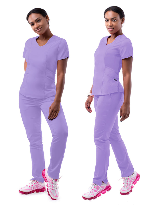 ADAR Pro Lavender color Women's Yoga Scrub Set.  Top has 4 pockets with V-neck line and fitted yoga pants Sonay Uniforms