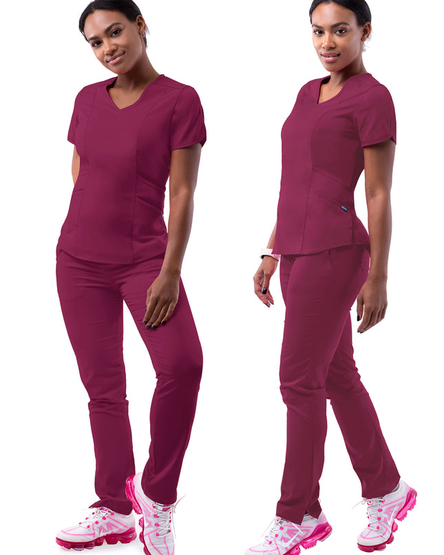 ADAR Pro Wine color Women's Yoga Scrub Set.  Top has 4 pockets with V-neck line and fitted yoga pants Sonay Uniforms