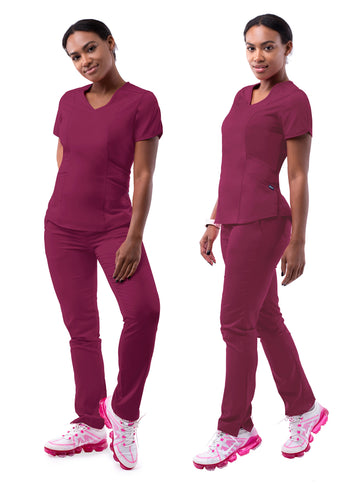 ADAR Pro Wine color Women's Yoga Scrub Set.  Top has 4 pockets with V-neck line and fitted yoga pants Sonay Uniforms